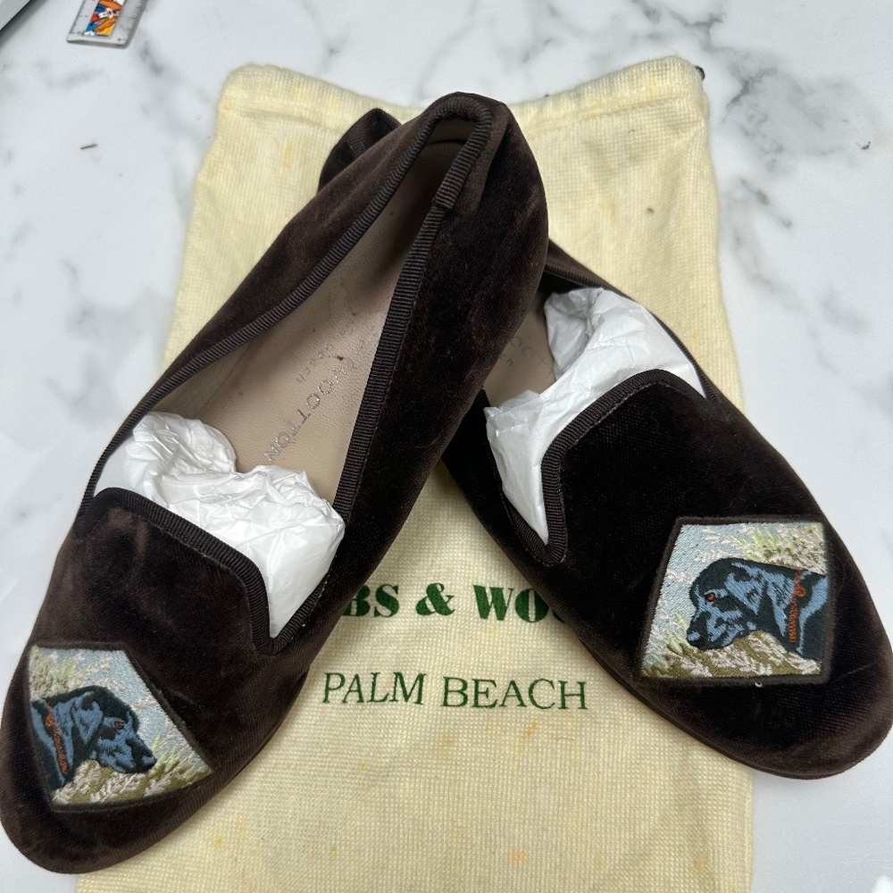 Stubbs & Wootton Brown Velvet Loafers with Black Lab Dogs Size 7.5